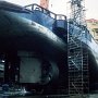 View of Icebreaker Oden's stern showing her large rudders, nozzled propellers, and unusual stern shape. (1993)