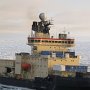 Icebreaker Oden during the 2009 Fram Strait trials.  Blue tube suspended off the bow contains an electromagnetic instrument which was used to measure ice thickness ahead of the vessel in real time. (2009) 
