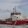 M.V. Antarcticaborg working in the Caspian Sea.  She is a shallow draft icebreaker which can break 90cm of ice and working in as little as 2.5-3m of water depth . (Caspian Sea, 2010).